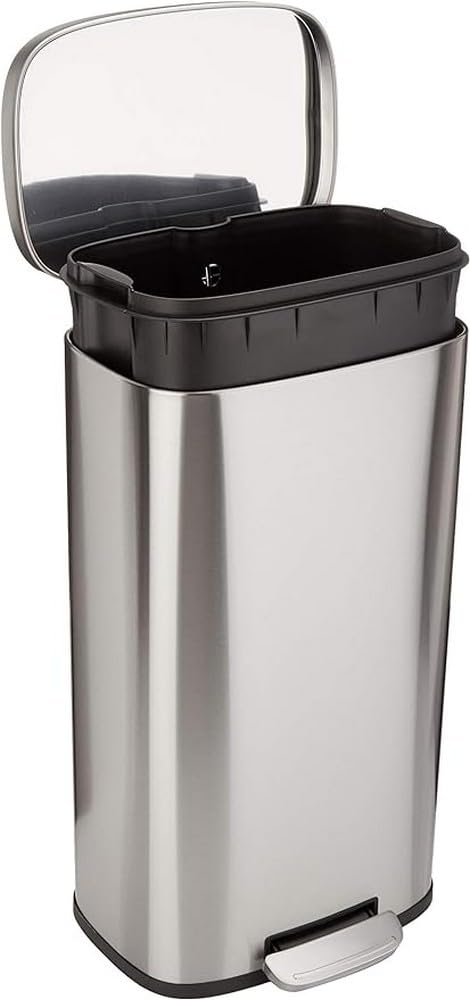 Smudge Resistant Rectangular Trash Can With Soft-Close Lid, Foot Pedal, Removable Inner Bucket, 30 Liter/7.9 Gallon, Brushed Stainless Steel, Satin Nickel Finish, 13.8"L X 11.8"W X 25"H