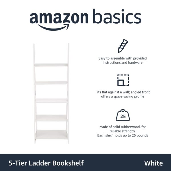 5-Tier Ladder Bookshelf Storage Organizer For Small Space, Easy To Assemble, Solid Rubberwood Frame, White Finish, 14D X 24.8W X 70.1H In