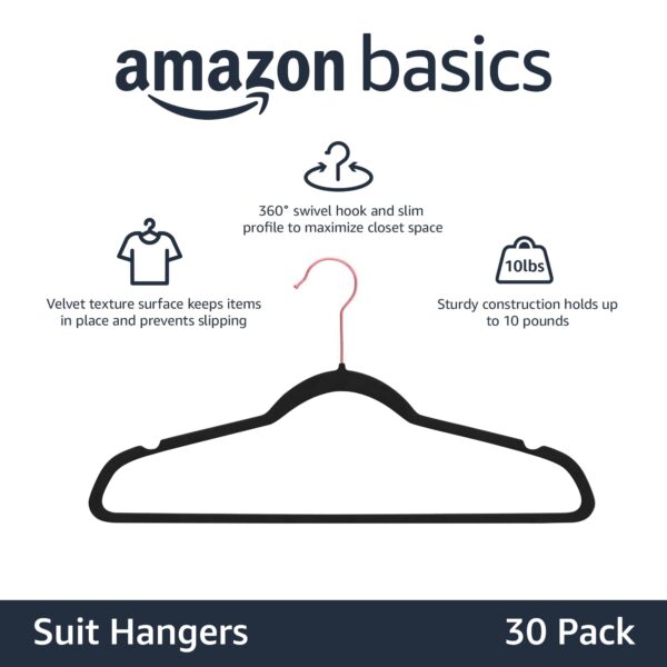 Slim Velvet Non-Slip Space Saving Sturdy Suit Clothes Hangers, Closet Organizer, Black/Rose Gold, 30-Pack