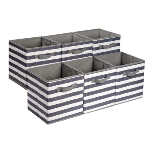 Cube Organizer Storage Bins Handles, Collapsible Fabric, Pack Of 6, 10.5"X10.5"X11", White/ Light Grey Stripe