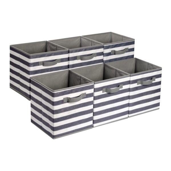 Cube Organizer Storage Bins Handles, Collapsible Fabric, Pack Of 6, 10.5"X10.5"X11", White/ Light Grey Stripe