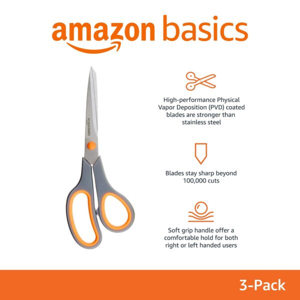 Multipurpose Stainless Steel Scissors For Office, Crafts, Right/Left Handed, Comfort Grip, Pvd Coated, 3-Pack, Multicolor