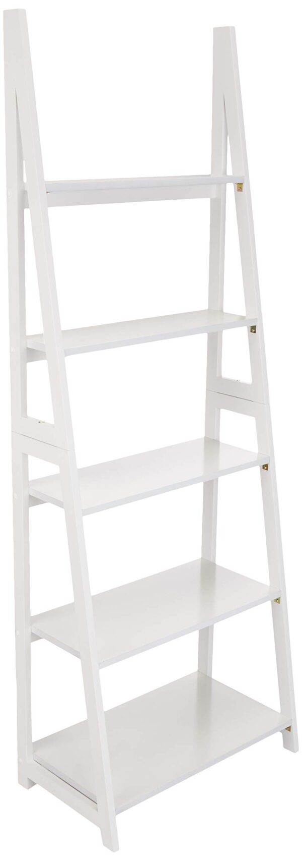 5-Tier Ladder Bookshelf Storage Organizer For Small Space, Easy To Assemble, Solid Rubberwood Frame, White Finish, 14D X 24.8W X 70.1H In