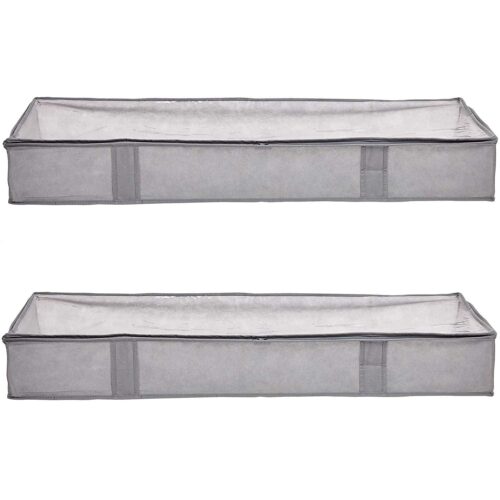 Under Bed Fabric Zipper Blanket Storage Container Bags With Window And Handles, 2-Pack, 18 X 42 X 6 Inches, Gray