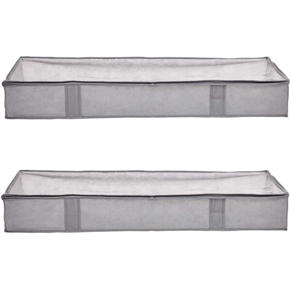Under Bed Fabric Zipper Blanket Storage Container Bags With Window And Handles, 2-Pack, 18 X 42 X 6 Inches, Gray