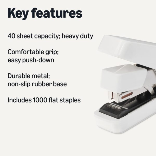 Office Heavy Duty Stapler, Flat Clinch, Effortless, 40 Sheet Capacity, 1000 Staples, No Jam, For Classroom, Office Or Desk Use, White