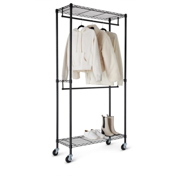 Adjustable Double Rod Rolling Garment Rack, Hanging Clothes Closet Organizer With Wheels, Heavy Duty, 36" X 14" X 72", Black