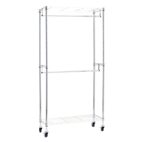 Adjustable Clothes Rack For Handing, Double Hanging Rod Garment Rolling Closet Clothing Organizer, Chrome, 36 X 14 X 72