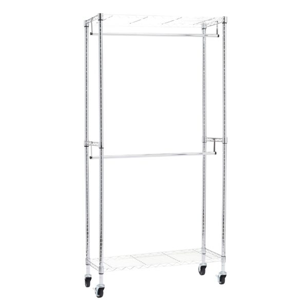 Adjustable Clothes Rack For Handing, Double Hanging Rod Garment Rolling Closet Clothing Organizer, Chrome, 36 X 14 X 72