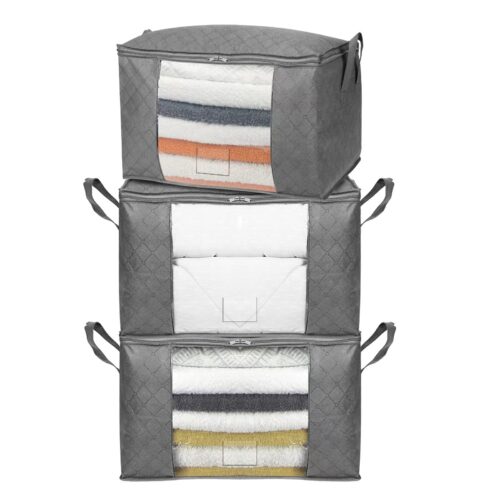 Foldable Large Clothes Storage Bags With Clear Window & Carrying Handles, Closet Organizers, Zipper, 3-Pack, Gray