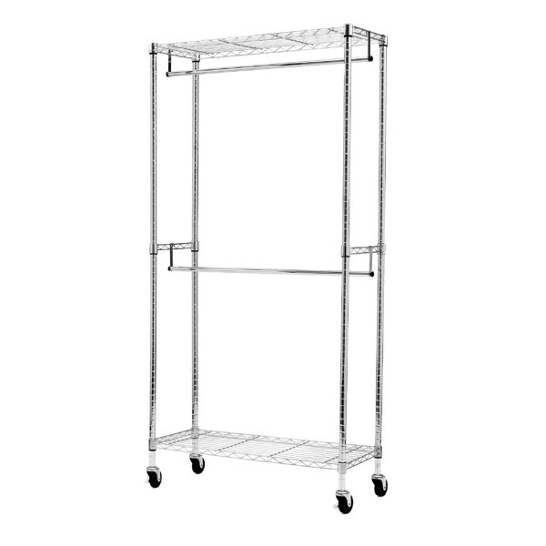 Adjustable Clothes Rack For Handing, Double Hanging Rod Garment Rolling Closet Clothing Organizer, Chrome, 36 X 14 X 72