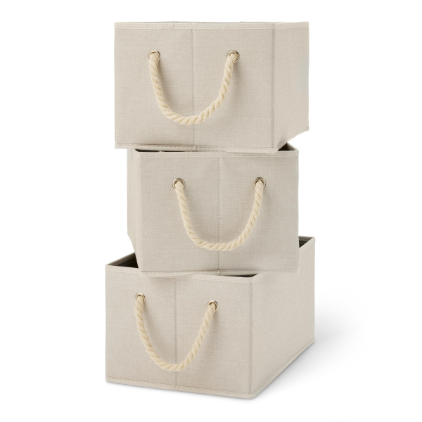 Foldable Storage Bins With Rope Handles, Closet Organizers, Large, Linen, 3-Pack