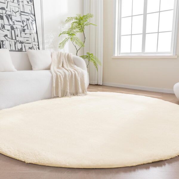 Fluffy Washable Round Area Rug, Circle Shaggy Carpet For Living Room, Bedroom, Nursery, 4R, Beige