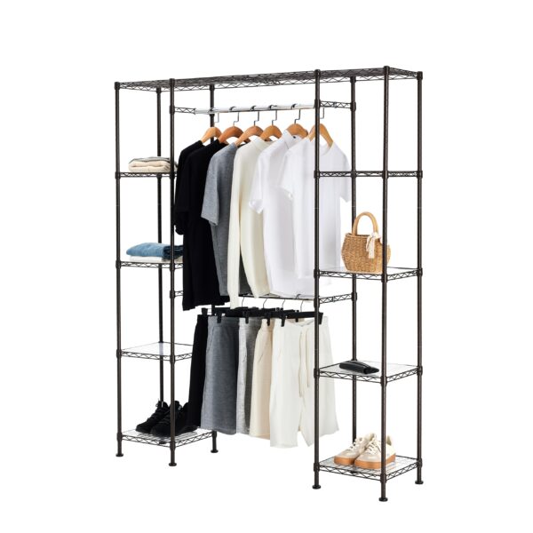 Expandable Metal Hanging Closet Organizer And Storage Rack Wardrobe With Shelves, 57-80L X 14W X 72H, Bronze