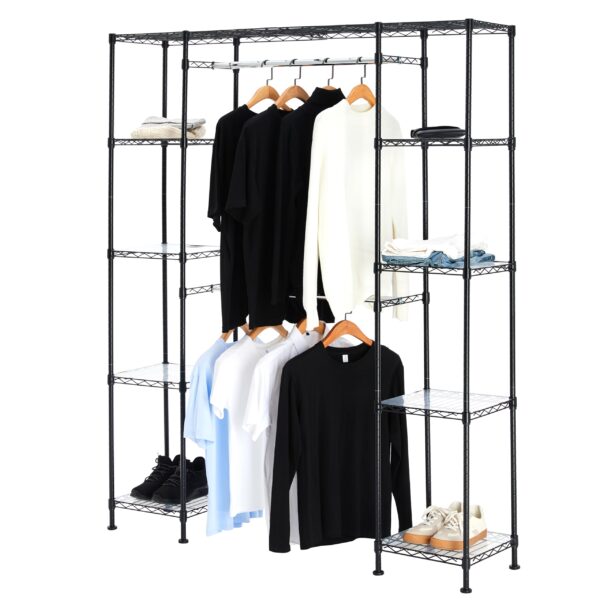 Expandable Metal Hanging Closet Organizer System With Storage Shelves, Adjustable, Easy To Assemble, 57-80"L X 14"W X 72"H, Black