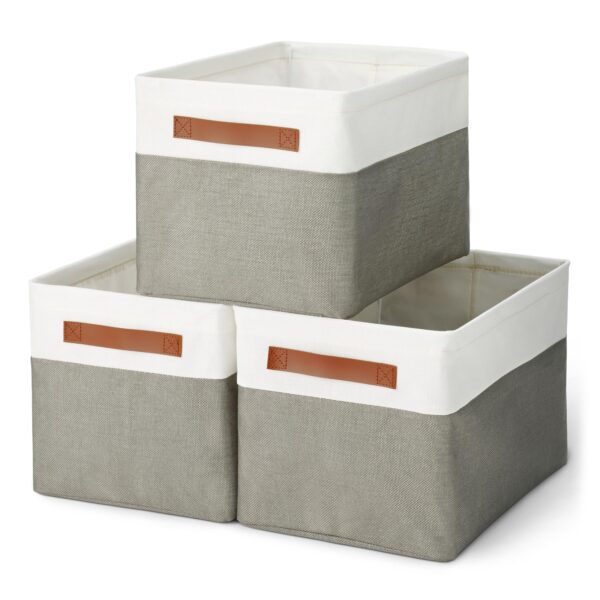 Collapsible Storage Bins With Faux Leather Handles, Foldable Organizing Containers For Closet, Charcoal, Large, 3-Pack