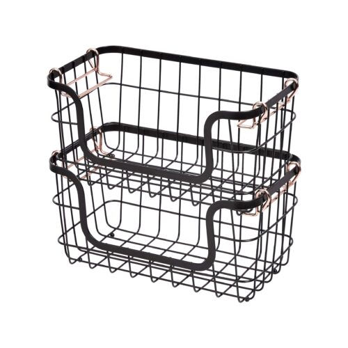 Stackable Metal Wire Rectangular Storage Baskets For Kitchen, Bathroom Or Pantry Organizing, 2 Count, Black