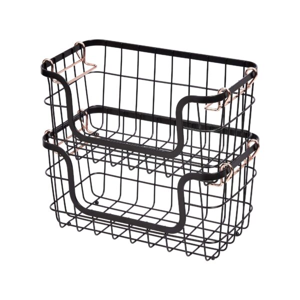 Stackable Metal Wire Rectangular Storage Baskets For Kitchen, Bathroom Or Pantry Organizing, 2 Count, Black