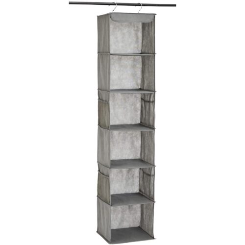 6-Tier Hanging Closet Shelf Organizer With Pockets, 8.5" D X 12" W X 9" H, Grey