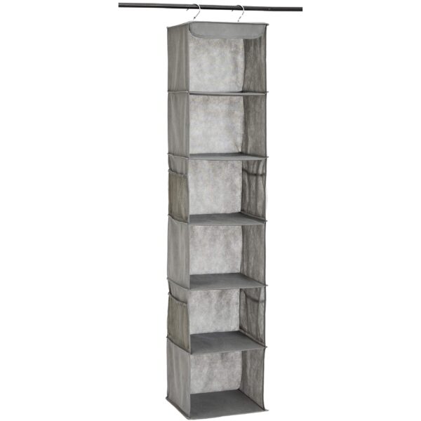 6-Tier Hanging Closet Shelf Organizer With Pockets, 8.5" D X 12" W X 9" H, Grey
