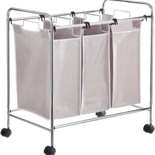 3-Bag Laundry Sorter With Removable Bags, Metal Frame, Washable, Locking Wheels, Gray
