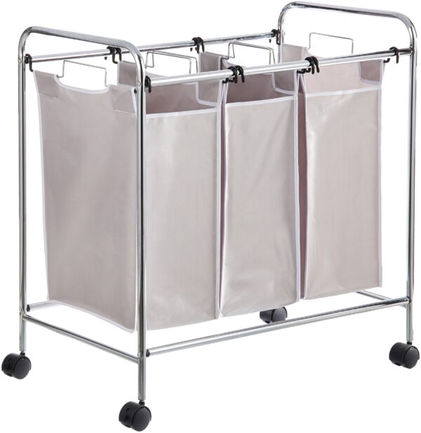 3-Bag Laundry Sorter With Removable Bags, Metal Frame, Washable, Locking Wheels, Gray