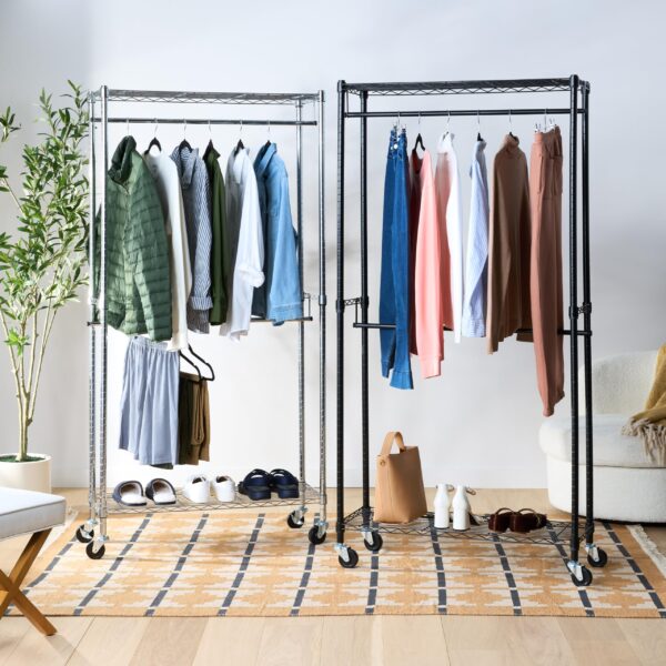 Adjustable Clothes Rack For Handing, Double Hanging Rod Garment Rolling Closet Clothing Organizer, Chrome, 36 X 14 X 72