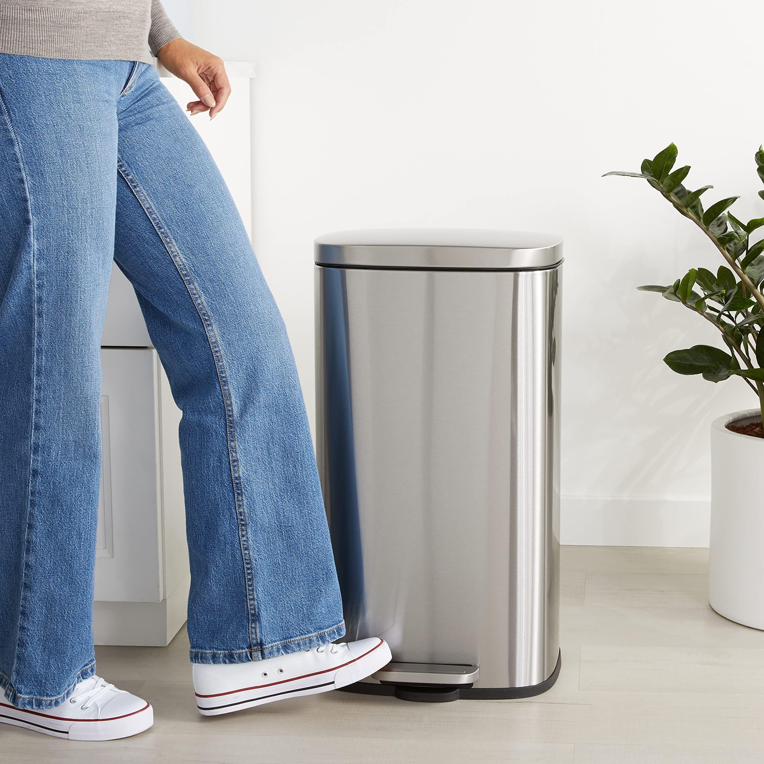 Smudge Resistant Rectangular Trash Can With Soft-Close Lid, Foot Pedal, Removable Inner Bucket, 30 Liter/7.9 Gallon, Brushed Stainless Steel, Satin Nickel Finish, 13.8"L X 11.8"W X 25"H