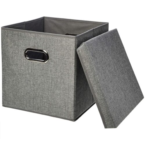 Foldable Burlap Cloth Cube Storage Bin With Lid, Stackable And Sturdy, Gray, Set Of 2